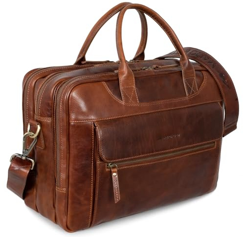 Marc Peter® Houston XXL Aktentasche Leder Laptoptasche 15,6 Zoll bis 17 Zoll | Sehr Große Vintage Braun Umhängetasche Arbeitstasche Bürotasche Businesstasche Echtleder für Damen und Herren