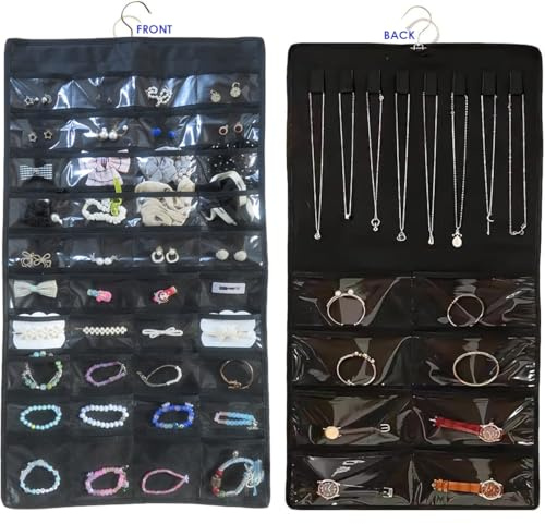 MLAHBT Schmuck Organizer Hängend, Schmuckaufbewahrung Doppelseitige mit Metallhaken Schmuckorganizer zum Aufhängen, Schmuckaufbewahrung für Ketten, Ohrringe und Armbänder (Schwarz, 48 Gitter)