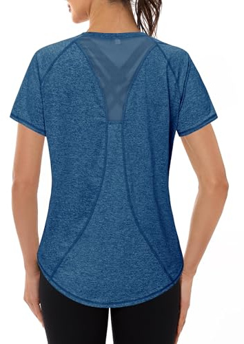 Gyabnw Tee Shirt Sport Femme Anti UV Haut de Fitness Élastique Col Rond Manche Courte Tee-Shirt Respirant Séchage Rapide UPF 50 Plus pour Yoga Course à Pied et Gym | Protection solaire UPF 50+, protection UV, tissu à séchage rapide, maille dorsale respirante, pour la course