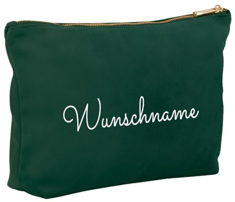 Kosmetiktasche aus Samt mit Name Bedruckt personalisierte Schminktasche für Handtasche Beautybag Accessoire Tasche (Dunkelgrün)