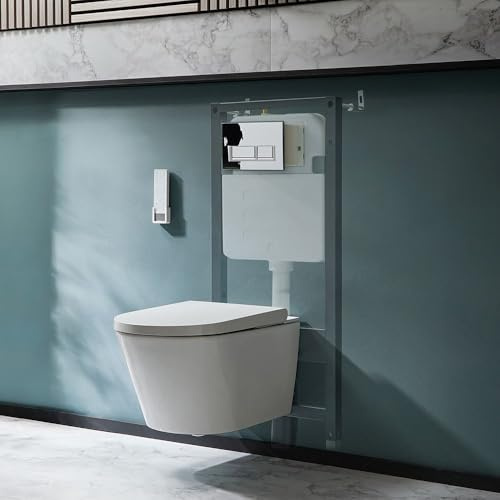 Milano Luxus White Wall Hung Japanese Bidet Toilet Tall Frame Cistern - Chrome Rectangular Plate