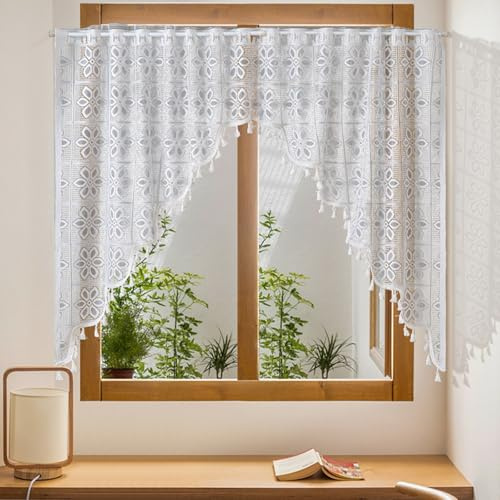 Ueiwffzo 1 PCS Boho Makramee Vorhang Scheibengardine, Chic Spitze Blumenmuster Kurzer Gardinen Landhausstil Bistrogardine Küchengardinen Vorhänge für Türen Schlafzimmer, 100x150cm (Weiß)