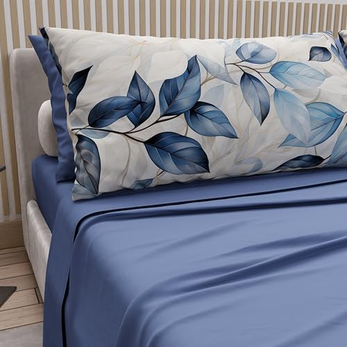 PETTI Artigiani Italiani - Lenzuola Matrimoniali Cotone con Federe in Stampa Digitale, Lenzuolo Completo Letto Matrimoniale Fantasia Floreale 109 Indaco, 100% Made in Italy