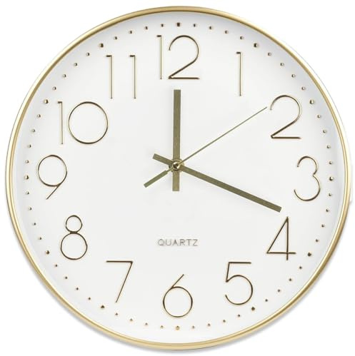 mixed24 Wanduhr Gold Weiß 30cm rund ohne Tickgeräusche Minimalistisch Modern Leicht zu lesen Uhr Analog