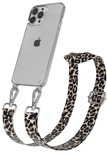 EAZY CASE Handykette - Verstellbares Taschenband kompatibel mit iPhone 13 Pro Max, Schulterriemen, Handykordel mit Silikon Hülle, Umhängetasche, Leo - Schwarz Beige Silber