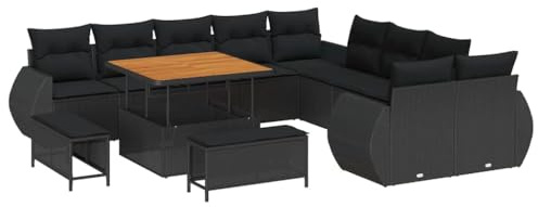 vidaXL 13-delars trädgårdsoff-set med kuddar svart poly rattan akacia