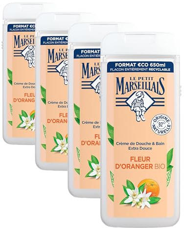 Le Petit Marseillais - Crème de Douche Extra Douce Fleur d'Oranger Bio (flacon de 650 ml) – Gel douche avec 92% d'ingrédients d'origine naturelle – Flacon entièrement recyclable (Lot de 4)