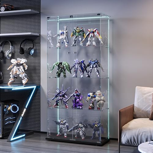 Glasvitrine Standvitrine,Glasvitrine Stehend mit Led,4 Lagen Glas Holz Glas Vitrine Vitrinenschrank 2 TüR und Schloss Vitrine Glasschrank Display Cabinet Sammlervitrine (Schwarz, 4 Etagen 2 Tür+LED-2)