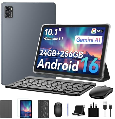 KINGRID Tablet, 10 inch tablet with keyboard, Android 15 Tablet With 24GB RAM 256GB ROM, Octa-Core, Widevine L1 HD Display, 5G WiFi, Bluetooth 5.0, 2-Year Warranty