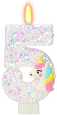 DazzJoy Einhorn Geburtstagskerzen Zahlen 5, Einhorn Kerze 5 Geburtstag Mädchen, Unicorn Geburtstagskerze 5 Jahre, Einhorn Tortendeko Geburtstag Mädchen 5 Jahre, Unicorn Kerzen Zahlen 5 Weiß(ca.7,5cm)