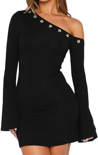 Bcenoilua Vestido de Fiesta Mujer Sexy Ajustado Manga Larga Mini Vestidos con Hombro Descubierto Elegante Bodycon Corto Vestidos Slim Fit Elástico para Cóctel Fiesta Partido Playa Club