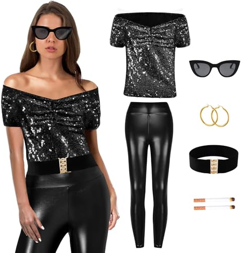 Maazusa 80er 90er Jahre Outfit Damen 6 Stück Jahre Karneval Kleidung Damen Kostüm mit Pailletten-Top Schwarze Leggings Sonnenbrille Ohrringe Karneval 80s 90s Mottoparty Outfit