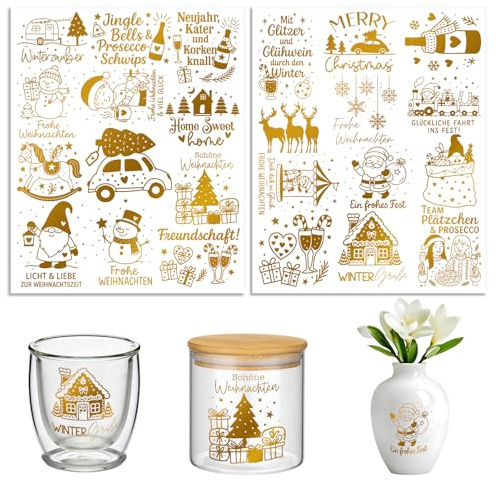 Dorsbaby Rub On Sticker 2Stück Gold Eine Schöne Weihnacht Transferaufkleber | UV DTF Aufkleber für Kalttransfer HD Druck UV Schutzschicht Transparente Folie für Scrapbooking Keramik Fotoalbum Glas Möbel