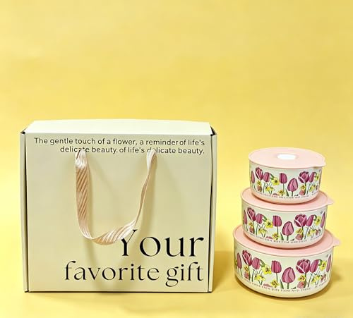 Juego 3 Recipientes Herméticos Cerámica Tapas Cuencos Almacenamiento | Fiambreras porcelana tulipanes, fiambrera hermética microondas portátil, envases comida apilables lunchbox rosa