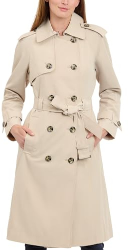 LONDON FOG Women's 3/4 Length Double-Breasted Trench Coat with Belt, Stone, Small