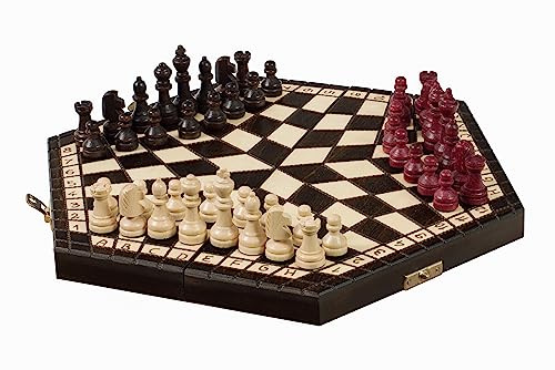 Small 3 Player Chess Set - 32cm Hexagonal Board Without Notation/Edge Numbers, Brown, White and Red Pieces