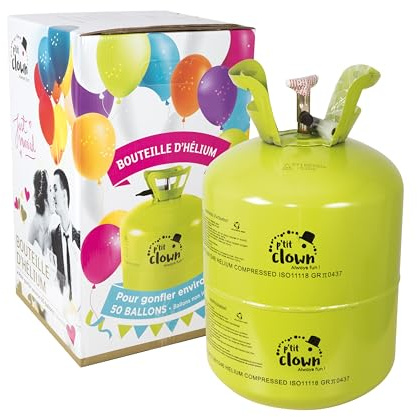 P'tit Clown - 42850 - Bouteille Hélium Jetable pour Ballons - Facile à Utiliser - Parfaite pour Décoration Fêtes, Anniversaire, Mariage, Baptême, Bal, Noël, Nouvel An - Pour 50 BALLONS (non inclus)
