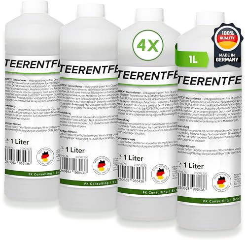 Flotex® Profi Teerentferner Auto - 4x1L I Teer Entferner für Auto, Wohnmobil, Werkzeuge & Mehr - Löst effektiv Rückstände von Teer, Bitumen, Öl & Fett I Bitumen Entferner, Baumharzentferner