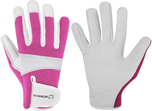 WESTWOOD FOX Guantes de Jardinería Cuero prueba Espinas Guantes de trabajo resistentes para mujeres hombres herramientas jardín, mecánico, transpirable, antideslizante (Rose, L (Pack of 1))