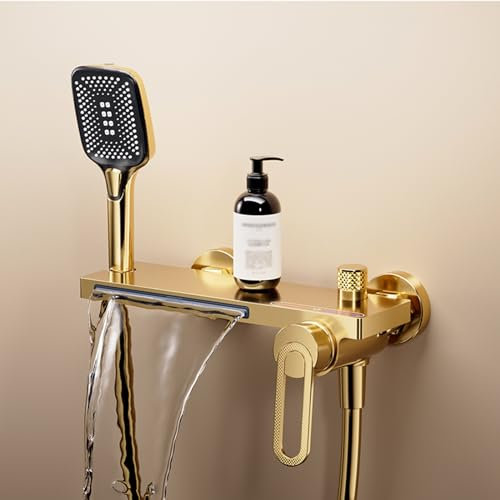 Wasserfall-Badewannenarmaturen, Wandmontage-Wasserhahn, Badewanne, Dusche, Badezimmer-Mischbatterien mit Duschaufsatz, Badezimmer-Wannenfüllarmaturen, Gold Warm as ever