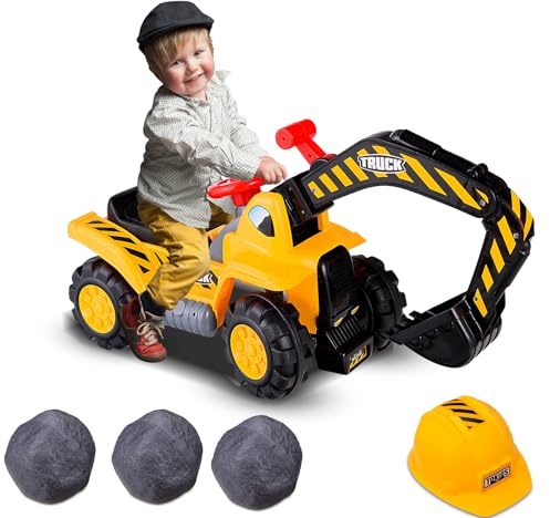 SOARS Excavadora Pedales con Pala, Claxon, Casco Seguro y Neumáticos Antideslizantes, Excavadora Correpasillos con Asiento y Espacio de Almacenamiento Oculto, Tractor Infantil para Niños +3 Años