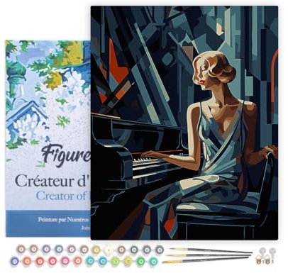 Figured'Art Peinture par Numéro Adulte avec Cadre Femme au Piano Art Déco - Activité Manuelle Kit de Loisir Créatif DIY Numéro d'Art Complet - 40x50cm toile tendue sur châssis