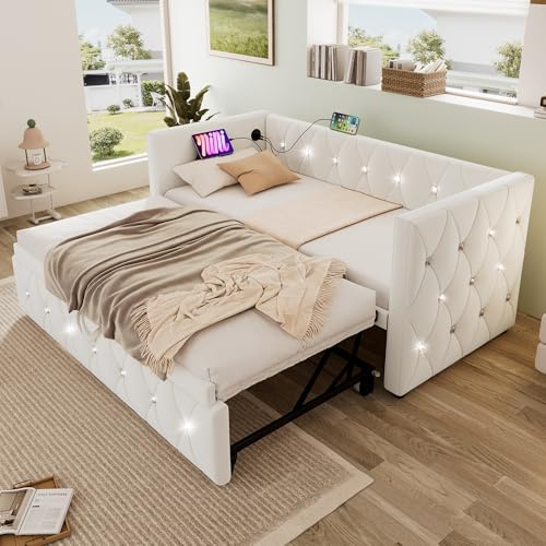 Jtyca Upholstered Daybed with Pull Out Trundle, Single Bed with USB-Type C-Charging Stations for Living Room and Bedroom, 90 x 190 cm, Velvet, Beige (No Mattress)
