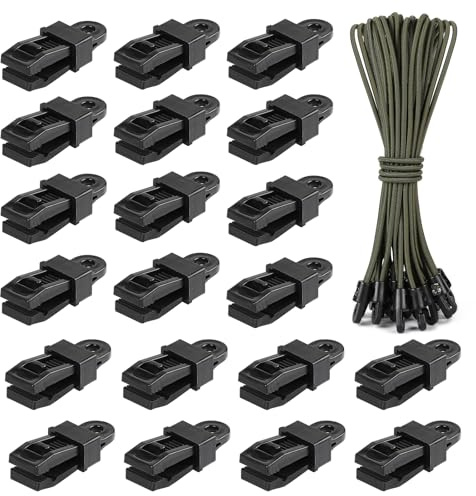 LALAGO 20 Stück Spanngummi mit Haken + Planenclips, Expander mit Haken 25cm, Planenspanner mit Tarp Clips, Planenbefestigung Grün für Zeltgummis, Planen, Netze, Banner, Camping, Anhängerplane, Banner