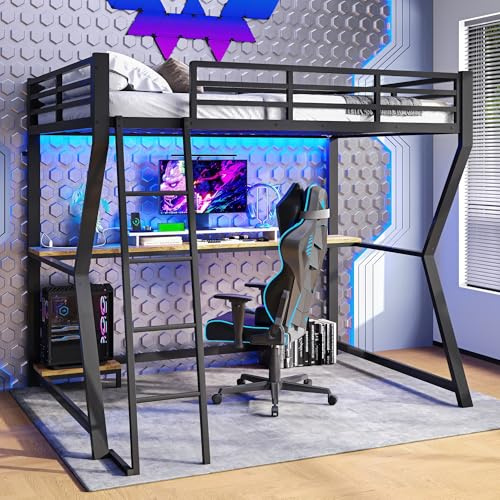 NovaFurnish Cama alta, 90 x 200 cm, con luces LED, estante para consola de ordenador, escritorio, enchufe+USB, barandilla, escalera, sin colchón (negro)