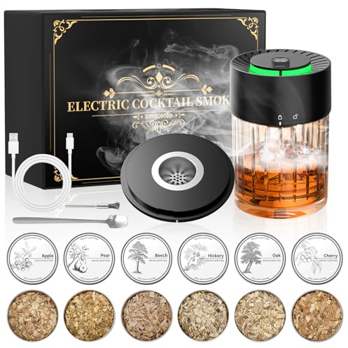 iDiskk Kit ahumador de cócteles eléctrico, ahumador de whisky recargable, encendedor incorporado, 6 astillas de madera para bebidas Old Fashioned, Bourbon, whisky, regalo original para hombres