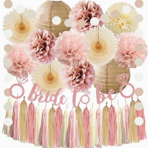JGA Deko Frauen Beige Rosa Junggesellenabschied JGA Deko Frauen Boho Bride to Be Rosegold Junggesellinnenabschied Rosa Creme Braun Pompons mit Bride to Be Girlande Rose Gold Quaste für Braut