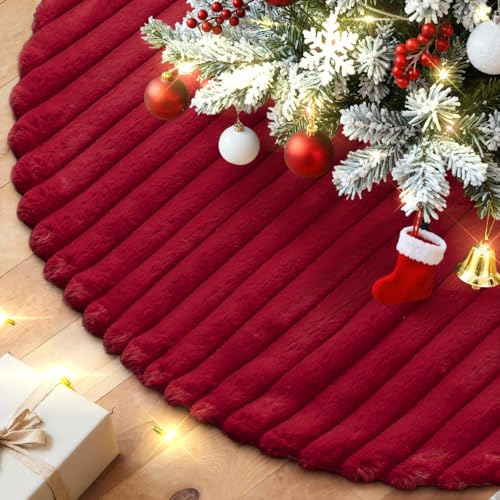 Lanpn Julgranskjol 40cm, Ränder Julgransfilt Fuskpäls Dekorativ Julgransmatta Plysch Julgran Basskydd Golvmatta Julgransstativ Matta för Liten Mini Penna Julgran Vinter Inomhus Juldekoration (Röd)