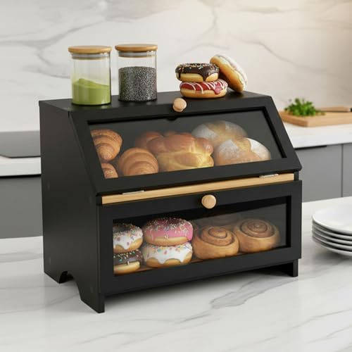 buybyroom Boîte À Pain en Bambou, Bambus Brotkasten Holz Brotbox, Boîte À Pain Pour Comptoir de Cuisine À 2 Niveaux, Pour Pain, Pain Grillé, 39x25x32cm