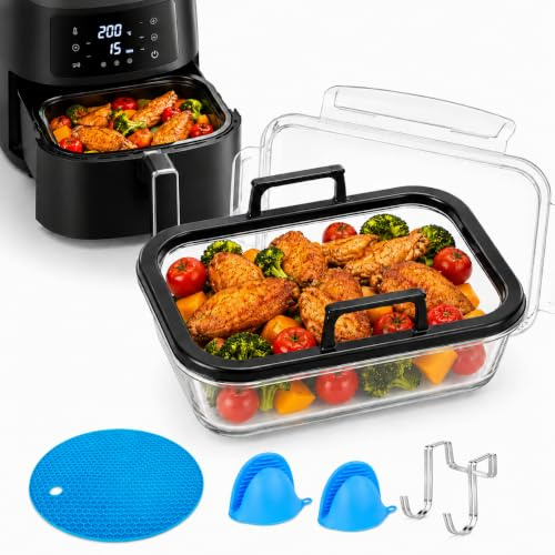 Zaztytoy Bandeja Cristal Air Fryer, 20,3 × 15,5 × 9,4 cm, con Tapa, Gancho, Alfombrilla Térmica, Guantes de Silicona y Asas Extraíbles hasta 220 °C, para Modelos Comunes