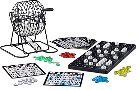 Relaxdays 10021014 Bingo Spiel mit Metalltrommel HxBxT: 20 x 17,5 x 21,5 cm Bingotickets, Loskugeln, Chips, Spielbretter, schwarz