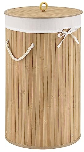 Juskys Bambus Wäschekorb Curly-Round Natur 55L - Hygienischer & Faltbarer Wäschekorb mit Deckel, Tragegriff & Wäschesack - Natürliche Bambus Optik