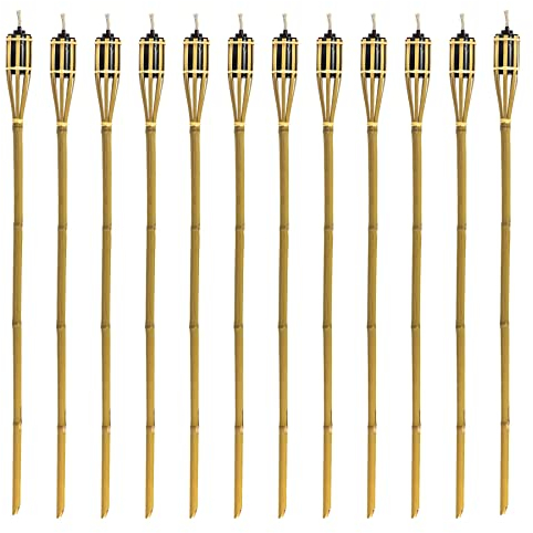 12x Natural 113cm Bamboo Garden Fire Torches - Outdoor Paraffin Lamp Oil Burner Tiki Candle Flame Lantern Stake Light - By Harbour Housewares