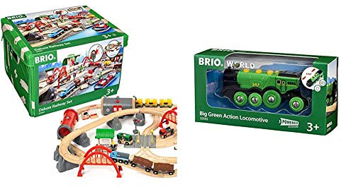 BRIO World 33052 Straßen & Schienen Bahn Set Deluxe – Straßen & Schienen Eisenbahn & World 33593 Grüner Gustav elektrische Lok – Batterie-Lokomotive mit Licht & Sound