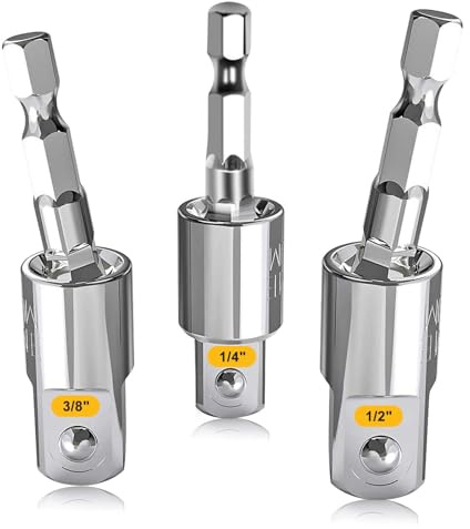 Power Drill Sockets Adapter, 360 Degree Rotatable Universal Joint Swivel Socket Set 1/4 Inch Hex Shank to 1/4 3/8 1/2 Square Socket Drives CR-V Steel Plating Finished, Use with Impact and Power Drill