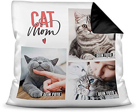 PfotenSchild Katzen Kissen mit Füllung - Fotocollage - Cat Mom - mit DREI Fotos selbst gestalten - Geschenk für Katzenliebhaber - Farbkissen Rückseite Schwarz, 40 x 40 cm