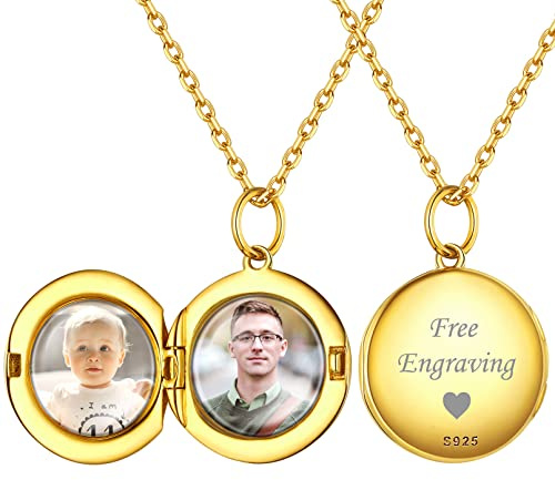 ChicSilver goldener Medaillon Anhänger mit Foto Text Gravur Personalisierter Runde Medaillon Anhänger Liebes Medaillon Amulett mit Gravur