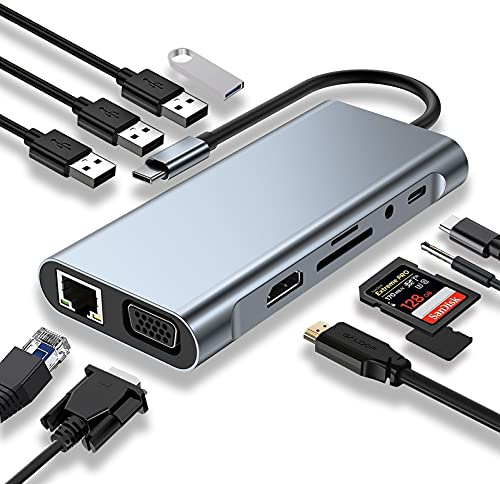 USB C HUB, USB C Adapter 11 in 1 Dongle with 4K HDMI, VGA, Type C PD, USB3.0, RJ45 Ethernet, SD/TF Card Reader, 3.5mm AUX, Docking Station Compatible with MacBook Pro/Air, Other Type C Laptops