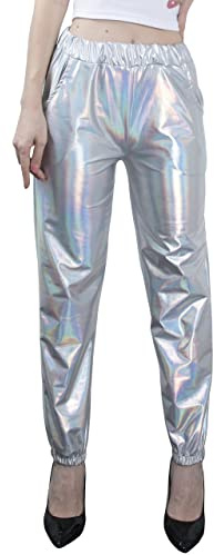 NewL Pantalon Jogging Femme Streetwear Décontracté Holographique Métallisé | Pantalon streetwear, taille et chevilles élastiques, tissu métallisé respirant, idéal pour fête, festival et scène