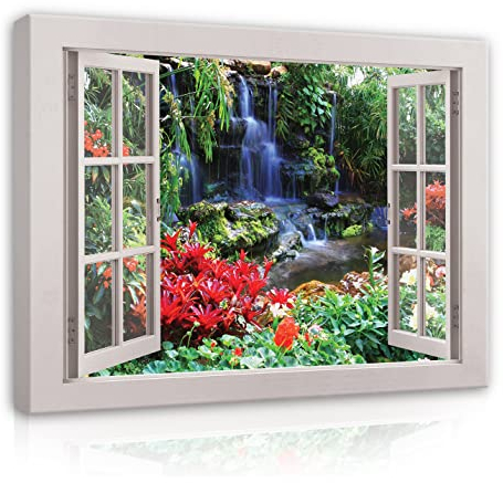WallArena - Leinwand Bilder - Fensterbilck Fenster Wald Natur Wasserfall - 120x80 cm Leinwandbilder - Bild auf leinwand - Wandbild XXL groß Wandbilder für Wohnzimmer Schlafzimmer Wohnzimmerbilder