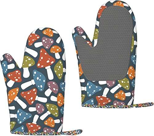 Ofenhandschuhe Bunte Pilze Nahtloses Muster Silikon-Ofenhandschuhe Anti-Rutsch-Kochhandschuhe, hitzebeständige Backhandschuhe EIN Paar