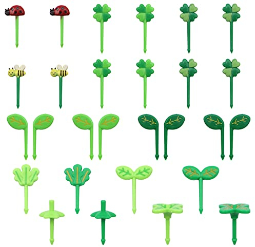 VEGCOO 28 Stück Food Picks - 12 Marienkäfer Bienen Obstgabeln + 8 Einblättrige + 8 Vierblättrige Spieße - Süße Mini Zahnstocher für Erwachsene und Kinder