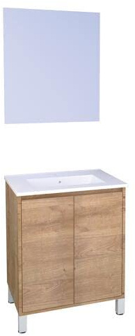 ONDÉE Meuble à Poser BELIS + Miroir Suspendu Bois 60cm Plan Prise Rangement | Intemporel, Livré monté, Fabriqué en Europe, Gamme Zen à Vivre, céramique vasque, portes main, finition soignée