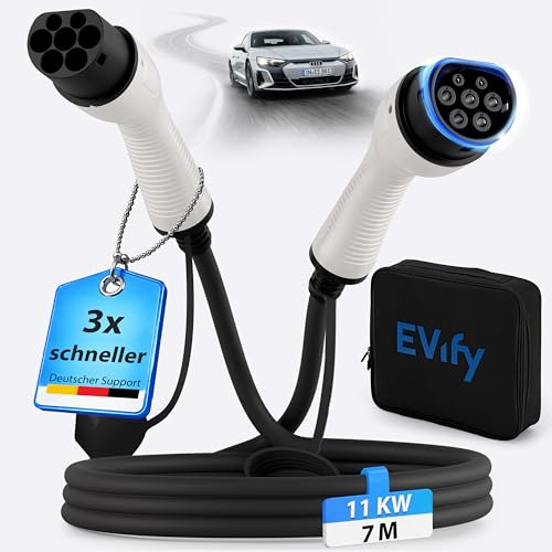 EVify Typ 2 Ladekabel 11kW 7M 16A für Elektroauto & Hybrid inkl. Kabeltasche • Kabel 3 phasig für EV PHEV • geeignet für alle E Autos Modell 3 S X Y, ID3, ID4, ID5