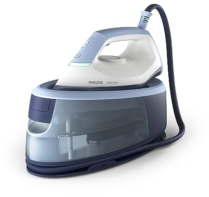 Philips Ferro da stiro con Generatore di Vapore Serie 3000, 2400W, 120g/min di Vapore Continuo, Colpo Vapore da 350g, 6 Bar, Vapore Verticale, Piastra in Ceramica, Azzurro Intenso (PSG3000/20)