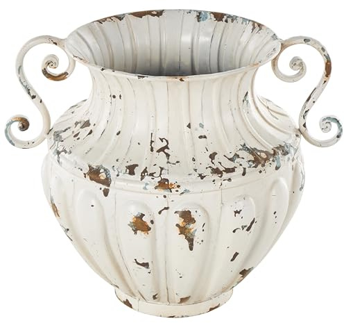 Deco 79 Metal Scroll Decorative Vase Vintage Amphora Centerpiece Vase with Brown and Teal Distressing and Scroll Handles, Flower Vase for Home Decoration 9 x 9 x 10, Cream
